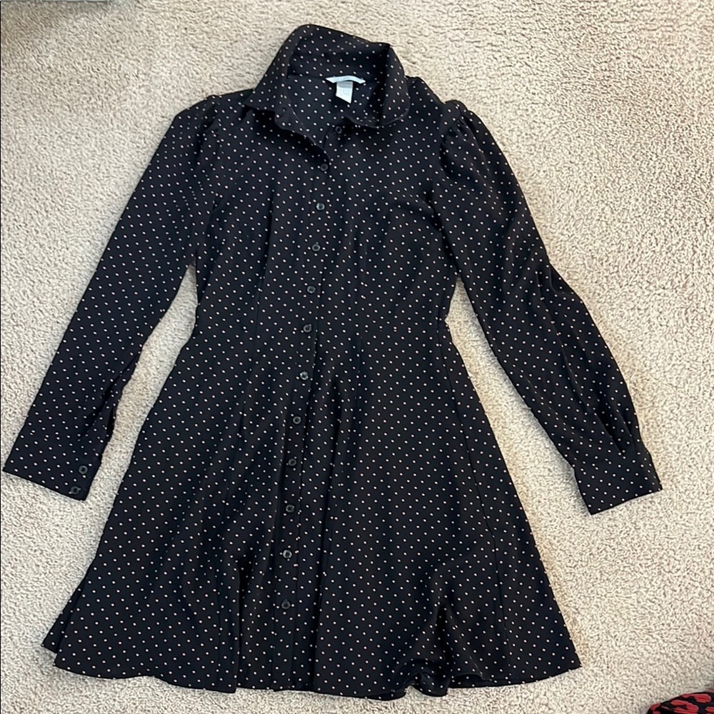 Polka Dot Button Black Dress
